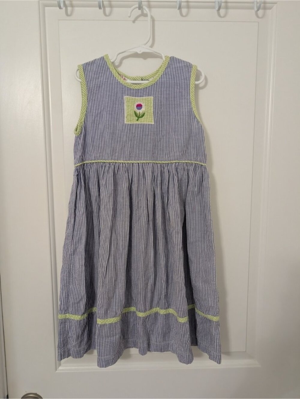 Vintage Copper Key Girls 7 Purple Gingham Floral Embroidered Cotton Dress